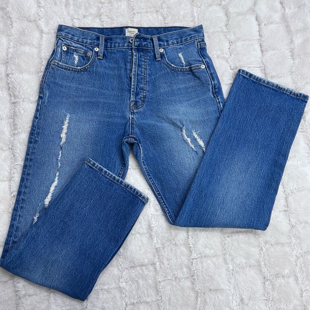 Gap Women’s Cone Denim High Rise Button Fly Distressed‎ Straight Jeans Size 27P